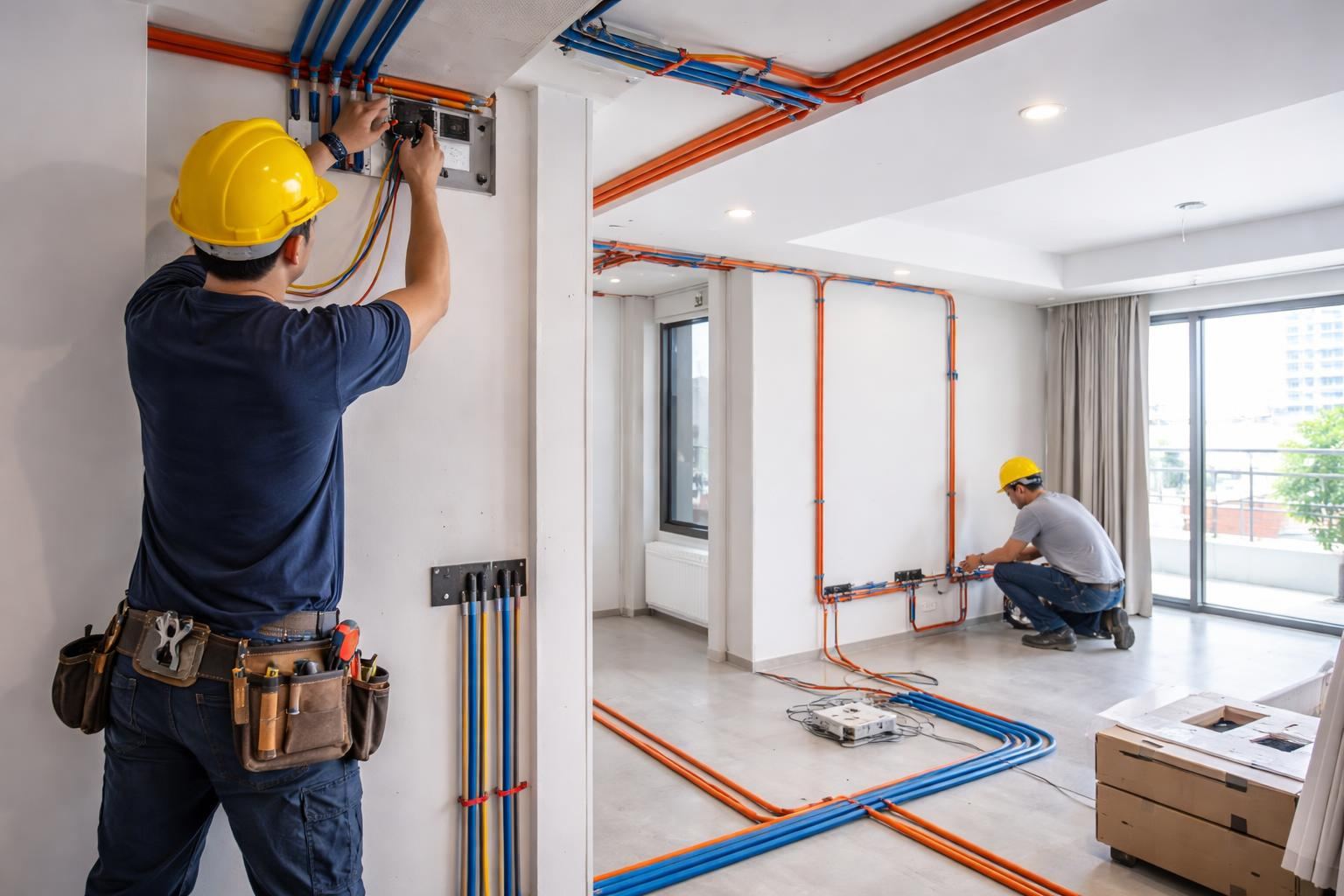 示意圖：室內水電裝修工程現場，工人安裝電線與管路情境。